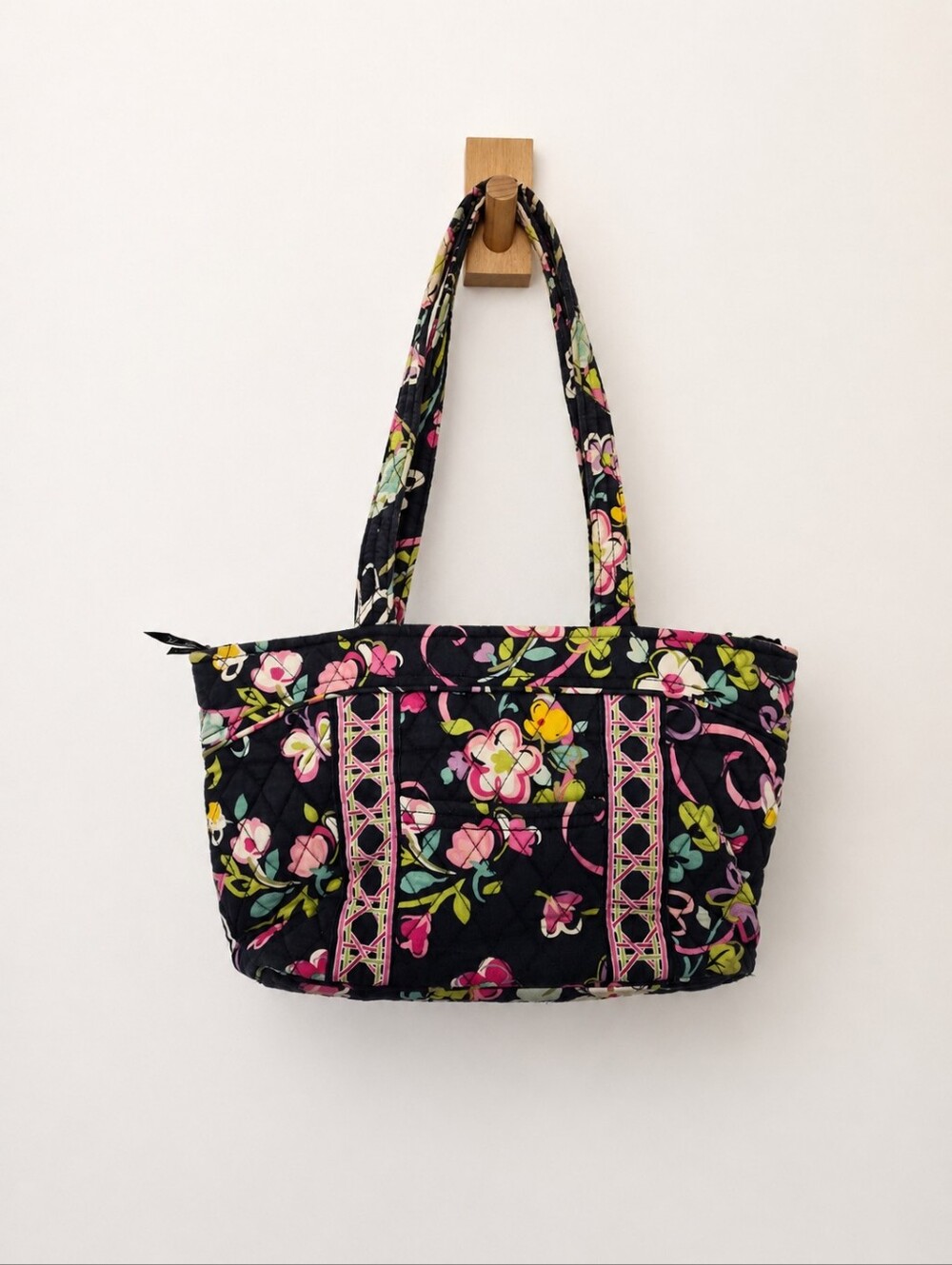 Vera Bradley Cotton Quilted Floral Zipper Top Tote/Shoulder Bag- Ribbons Print